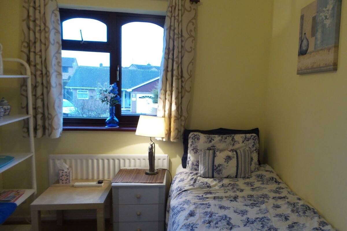A bedroom with a single bed, a bedside table, a lamp, a radiator, a window with curtains, and a view of houses outside.