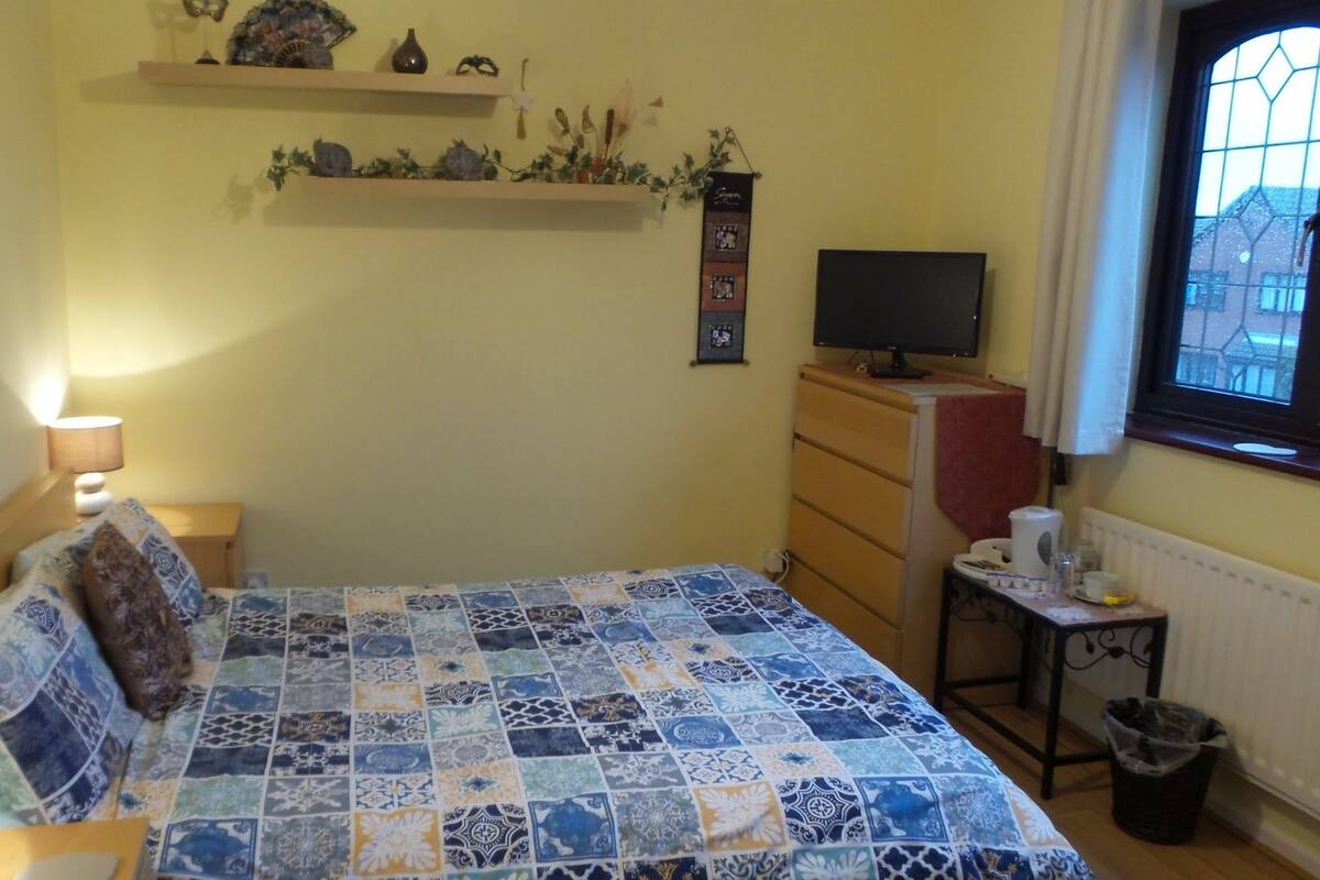 A bedroom with a bed, a dresser, a TV, and a window.