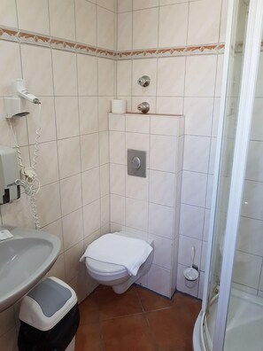 Habitación individual | Baño | Regadera y amenidades de baño gratuitas 
