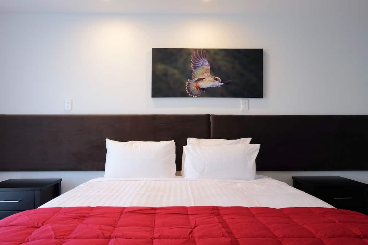 Cama bem arrumada com manta vermelha, almofadas brancas e cabeceira escura. Um quadro de um pássaro em voo está pendurado acima da cama.