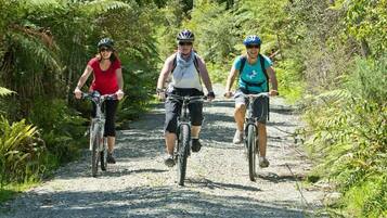 Three people riding bicycles on a gravel path surrounded by greenery.