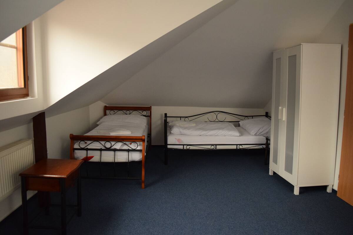 A dormitory room with two single beds, a wooden desk, and a wardrobe.