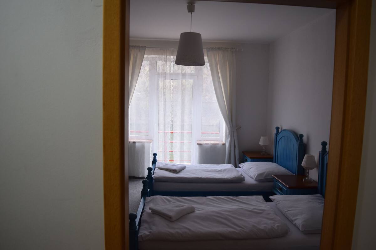 A bedroom with two beds, a window with curtains, a hanging light fixture, and a wooden headboard.