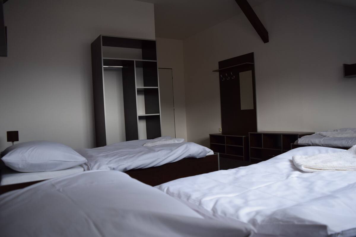 A hotel room with two beds, a wardrobe, and a mirror.