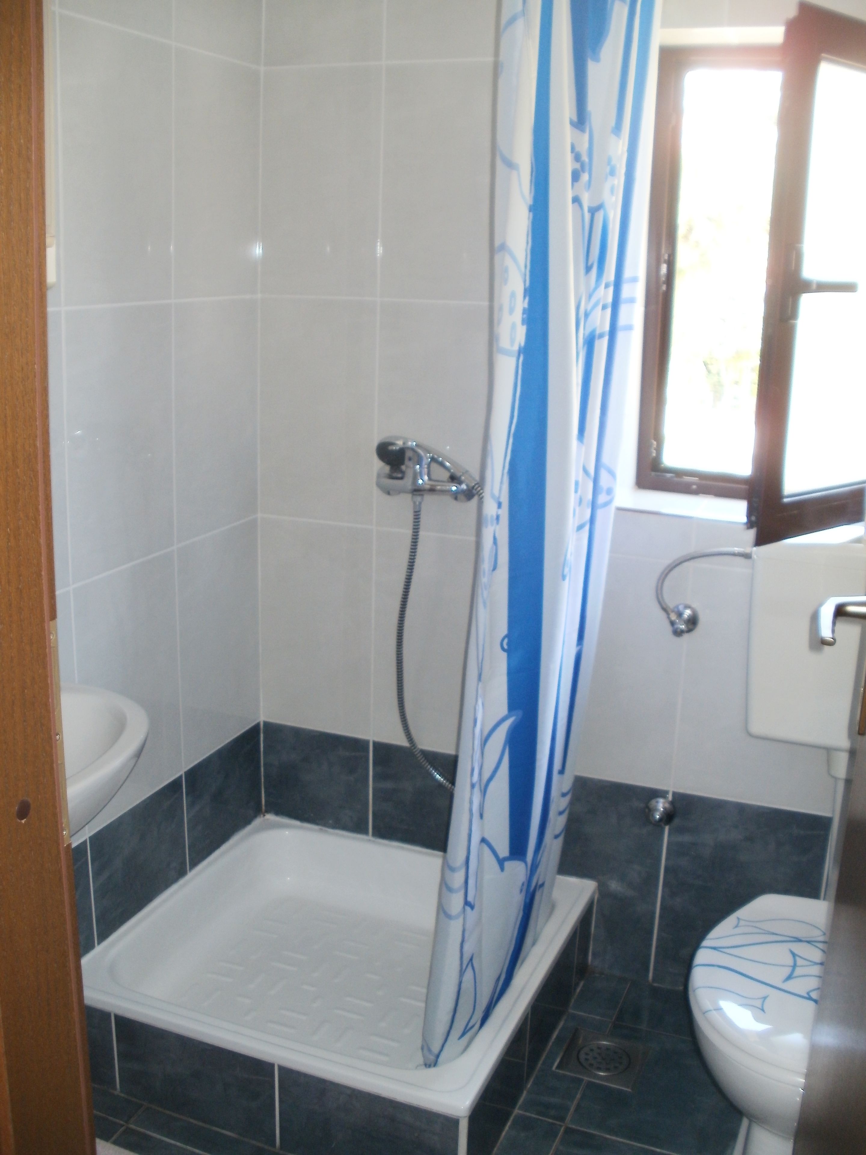 Une salle de bain avec douche, toilettes et lavabo.