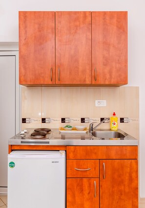 高级开间, 2 张单人床, 露台, 花园景观 | 私人简易厨房 | 冰箱、炉灶、茶具/咖啡用具、电热水壶