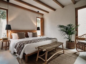 Suite, patio, uitzicht op tuin | Luxe beddengoed, een minibar, een kluis op de kamer