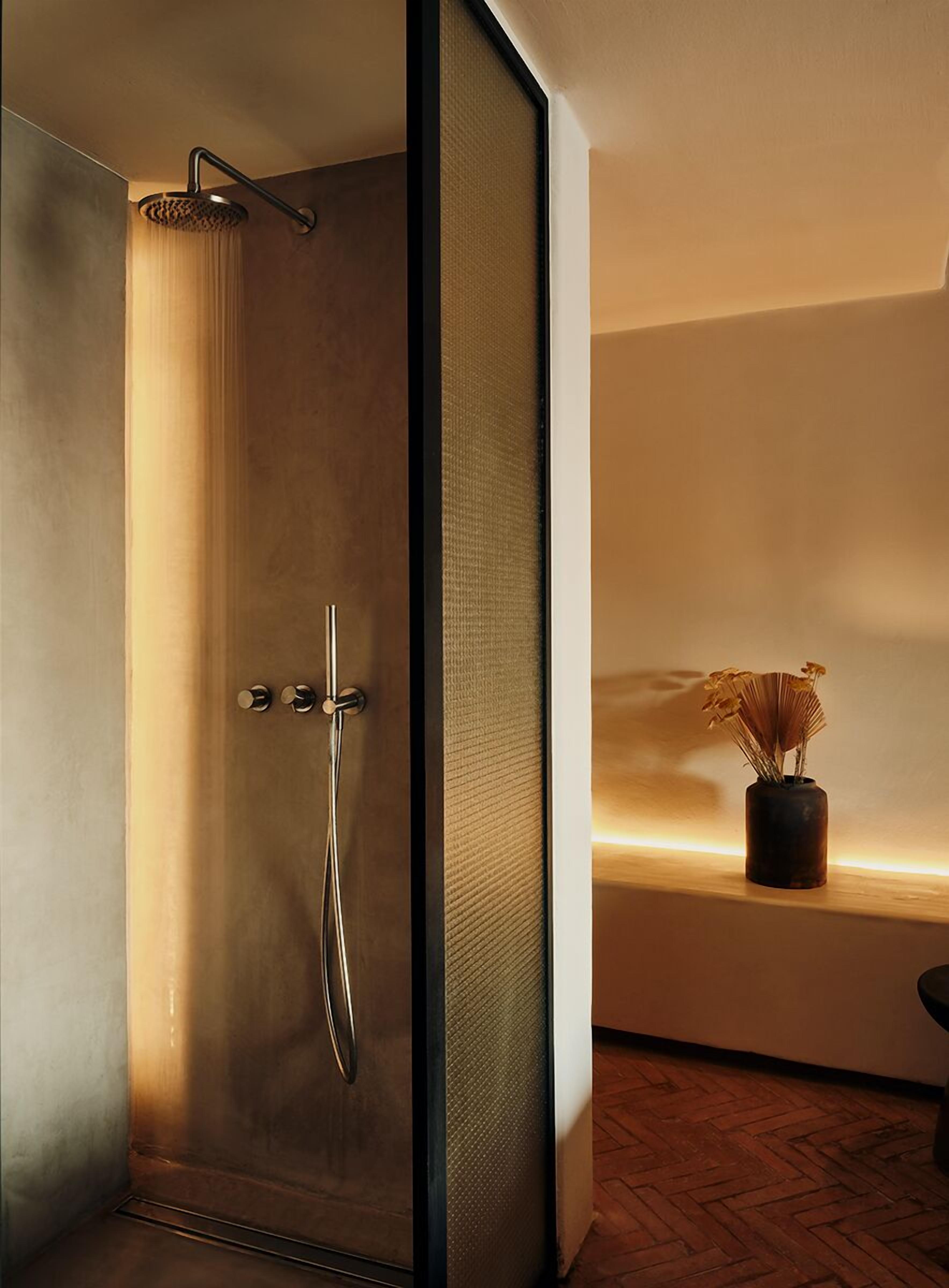 shower, rainfall showerhead, designer toiletries, hair dryer