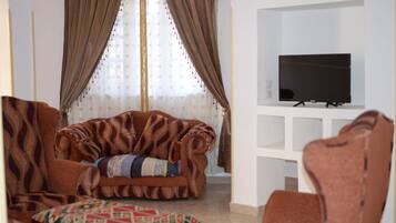 A living room with a brown sofa, a television on a stand, and a patterned rug.