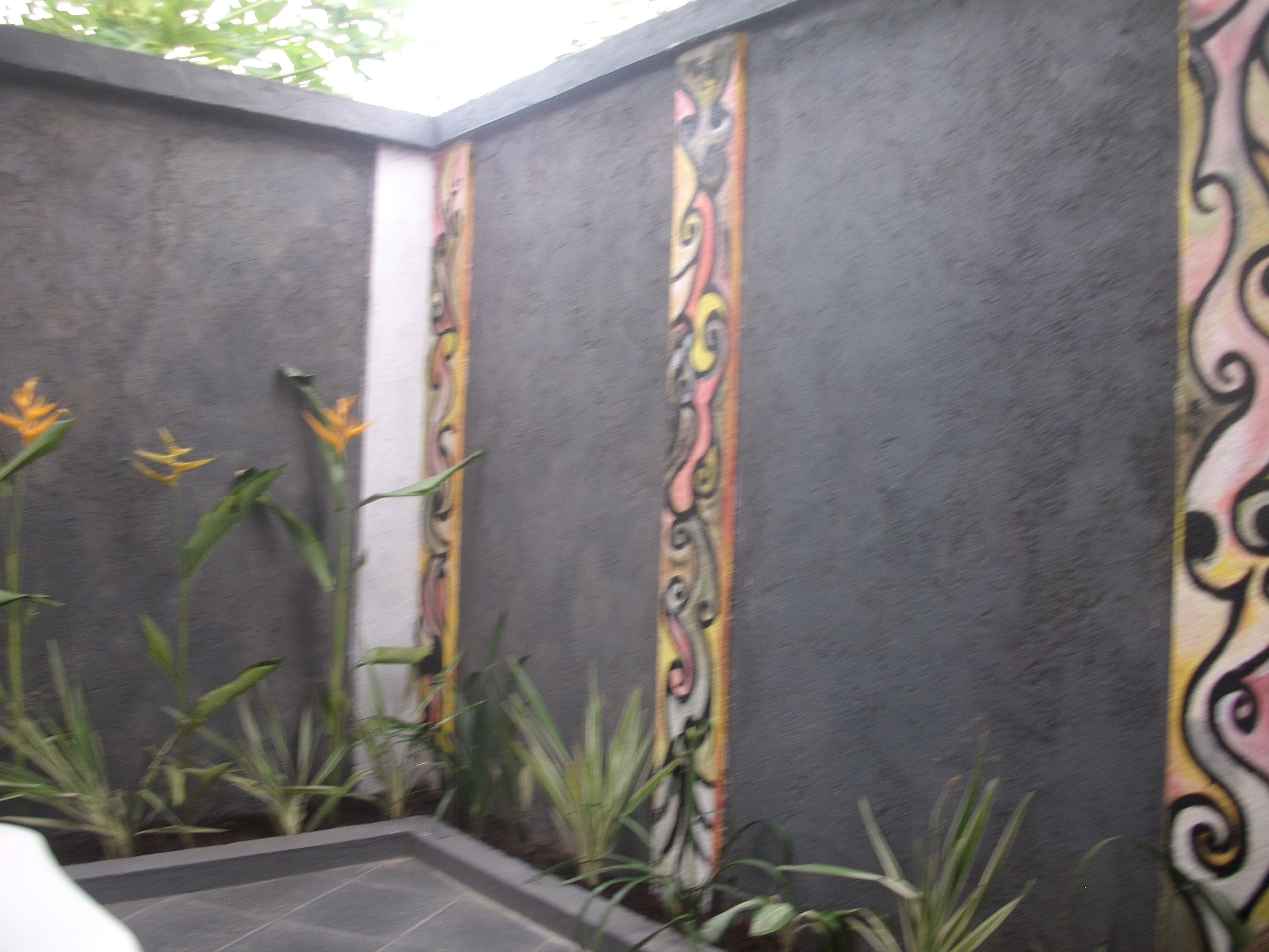 Un coin de pièce avec un mur à texture et une bordure décorative. On y voit des plantes aux longues feuilles et aux fleurs jaunes.