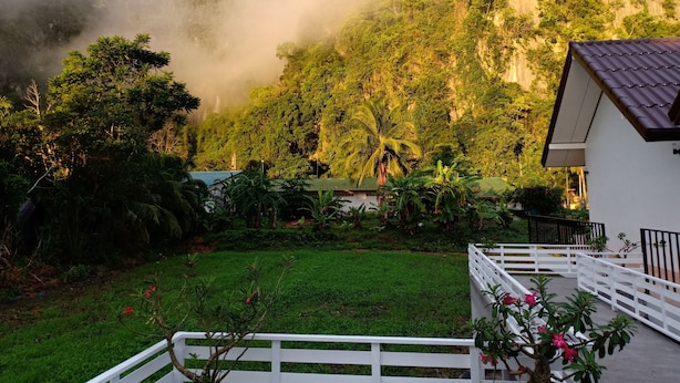 Un exuberante jardín con valla blanca, una palmera y un edificio con techo de tejas.