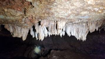A cave interior with stalactites hanging from the ceiling and a small pool of water at the bottom.