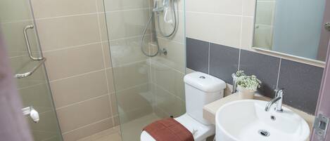 A bathroom with a glass shower enclosure, a toilet, a sink, and a mirror.