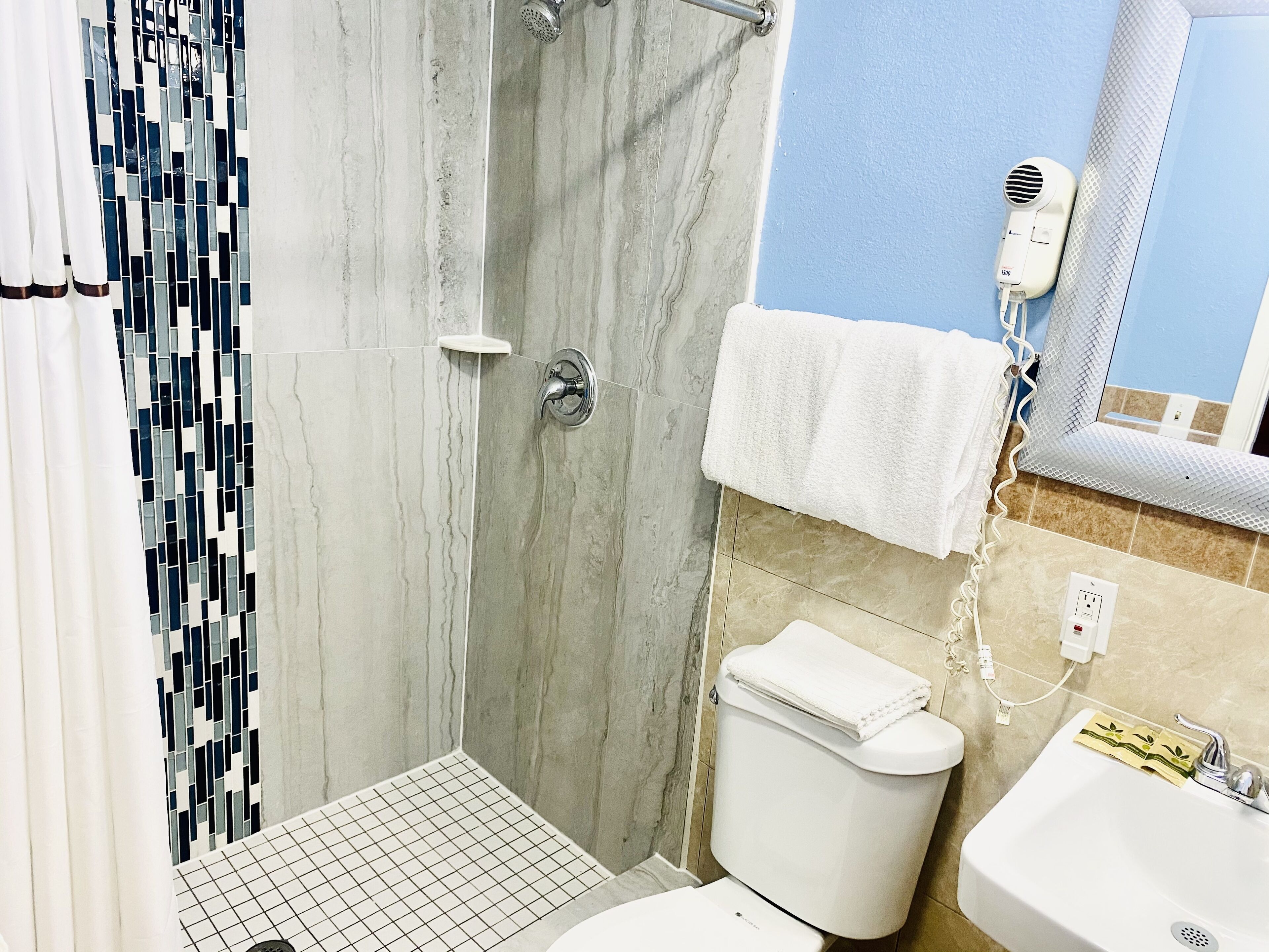 シャワー、バスアメニティ (無料)、ヘアドライヤー、タオル