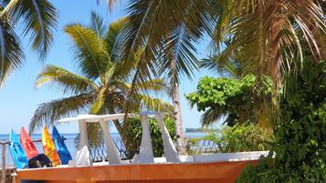 A beachside boat with a white canopy, surrounded by palm trees and a clear blue sky.