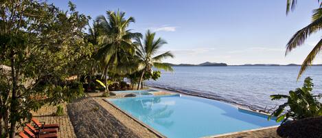 A pool with a view of the sea, surrounded by palm trees and a stone pathway.