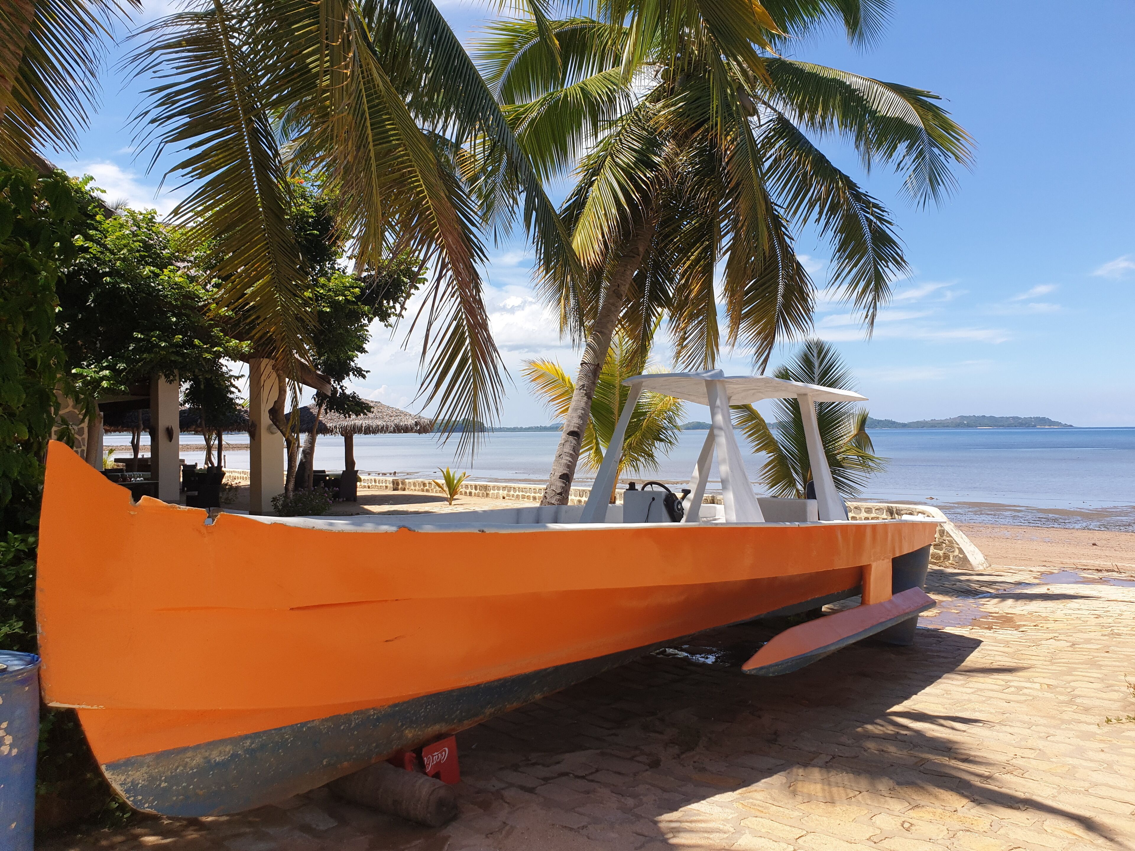 A boat parked on a sandy beach with palm trees and a clear view of the sea.