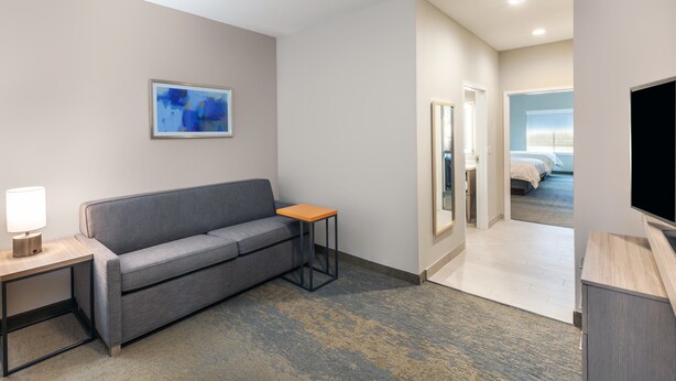 A hotel room with a grey sofa, a small wooden side table with a lamp, a framed abstract painting on the wall, and a television on a wooden stand. - Holiday Inn Lubbock South by IHG (Lubbock)