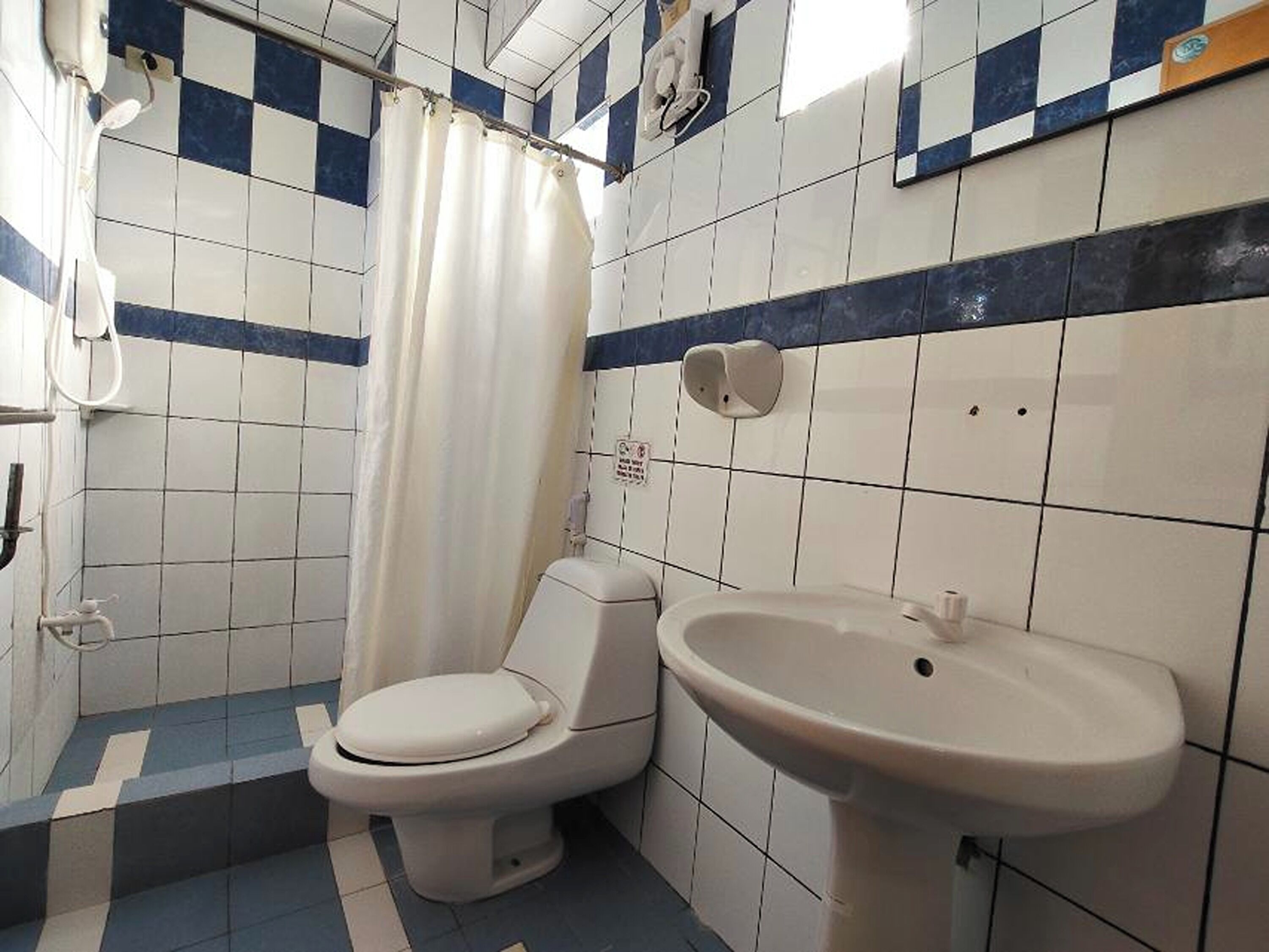 A bathroom with a toilet, a sink, and a shower curtain.