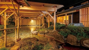A traditional Japanese onsen with a wooden structure, stone flooring, and a rock garden. - Awara Onsen Seifuso (Awara)