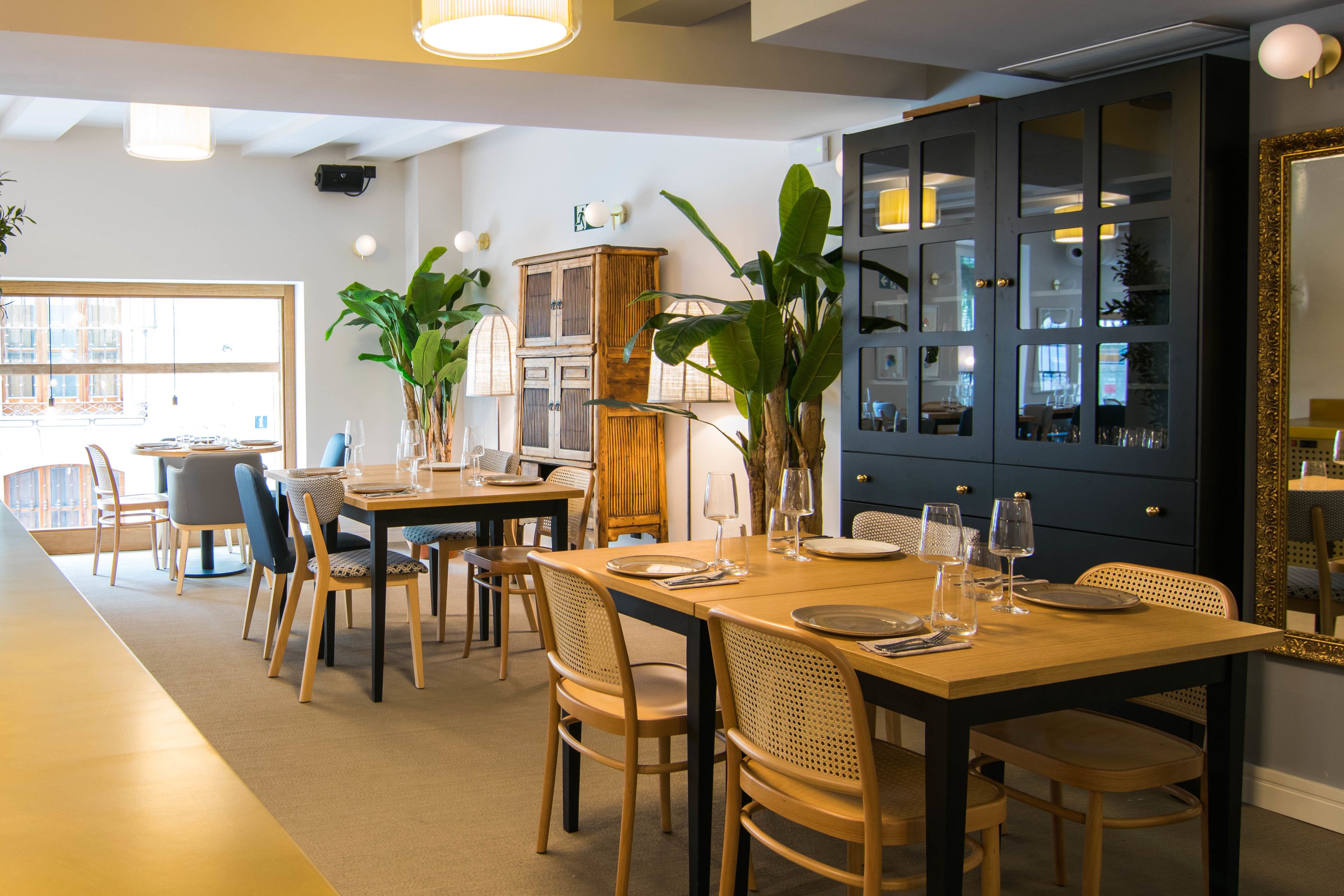 A dining area with wooden tables and chairs, a large cabinet with glass doors, and potted plants.