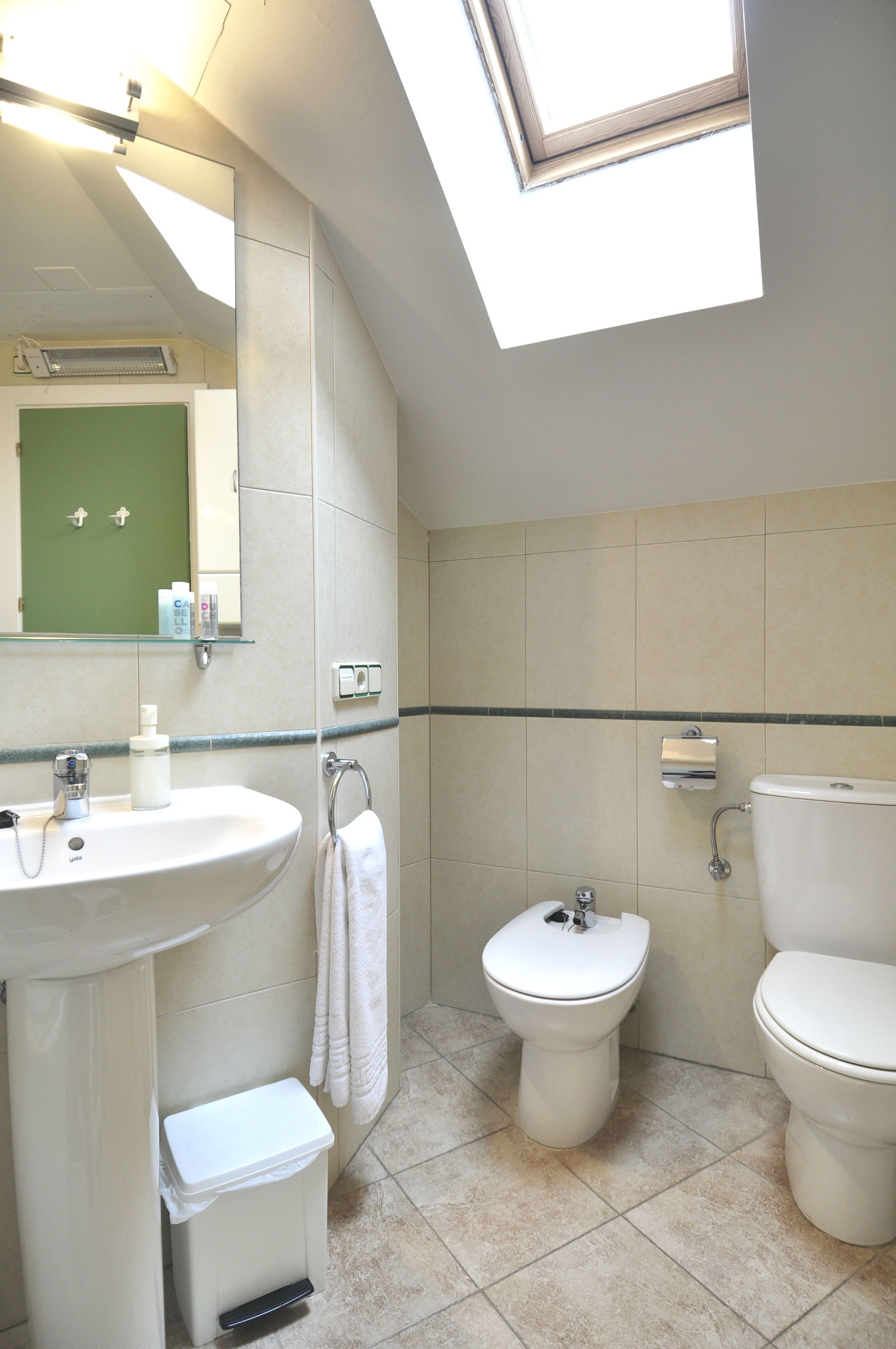 Un baño con tragaluz, lavamanos, inodoro y bidé.