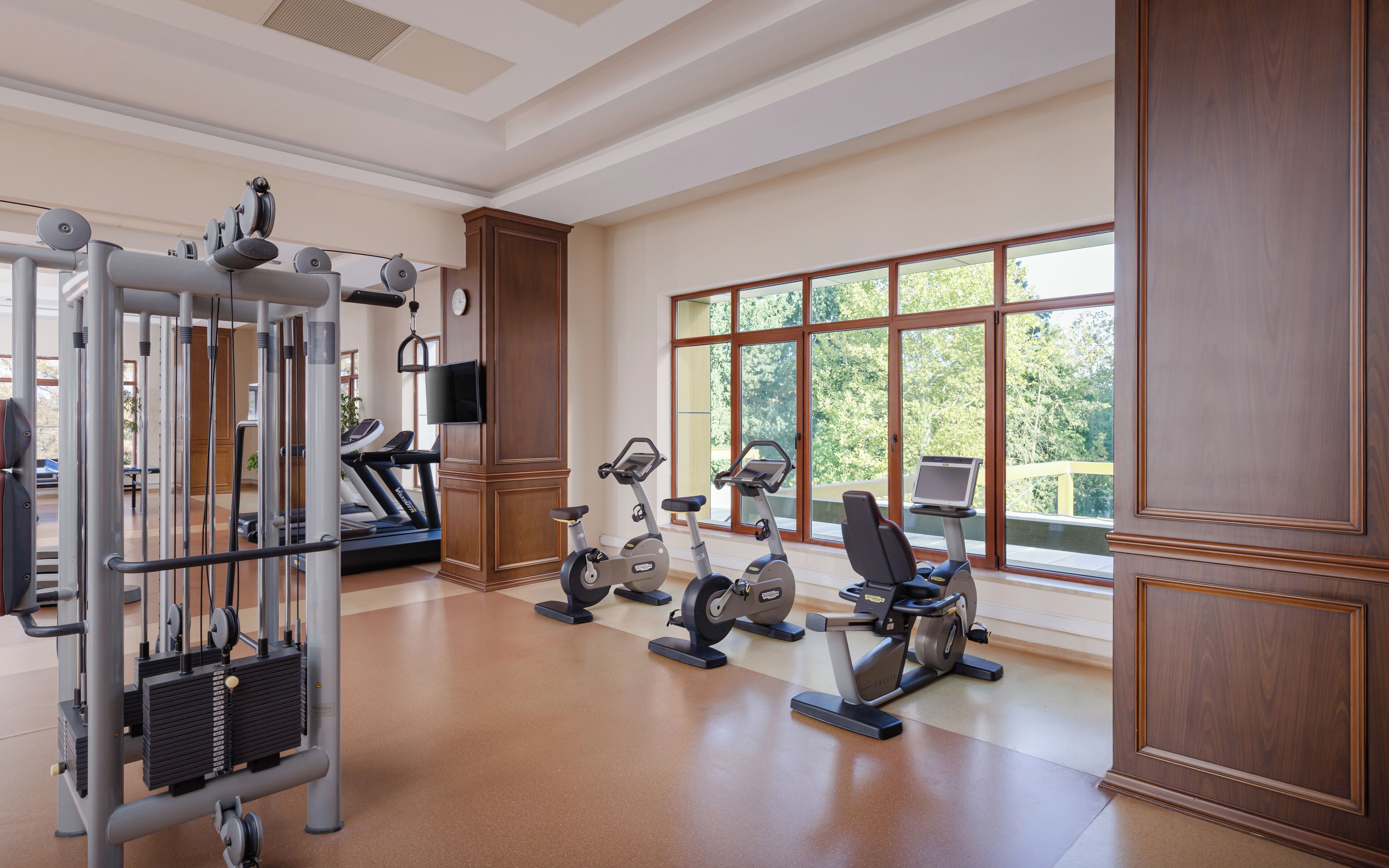 A spacious gym with cardio machines, weight equipment, and large windows offering a view of greenery.