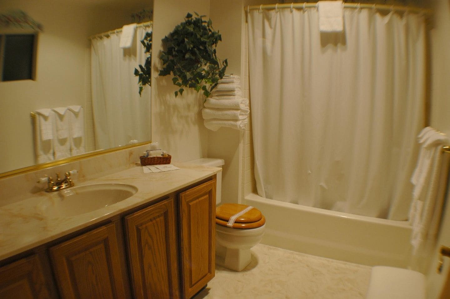 A bathroom with a sink, mirror, wooden cabinets, a toilet, and a bathtub with a shower curtain.