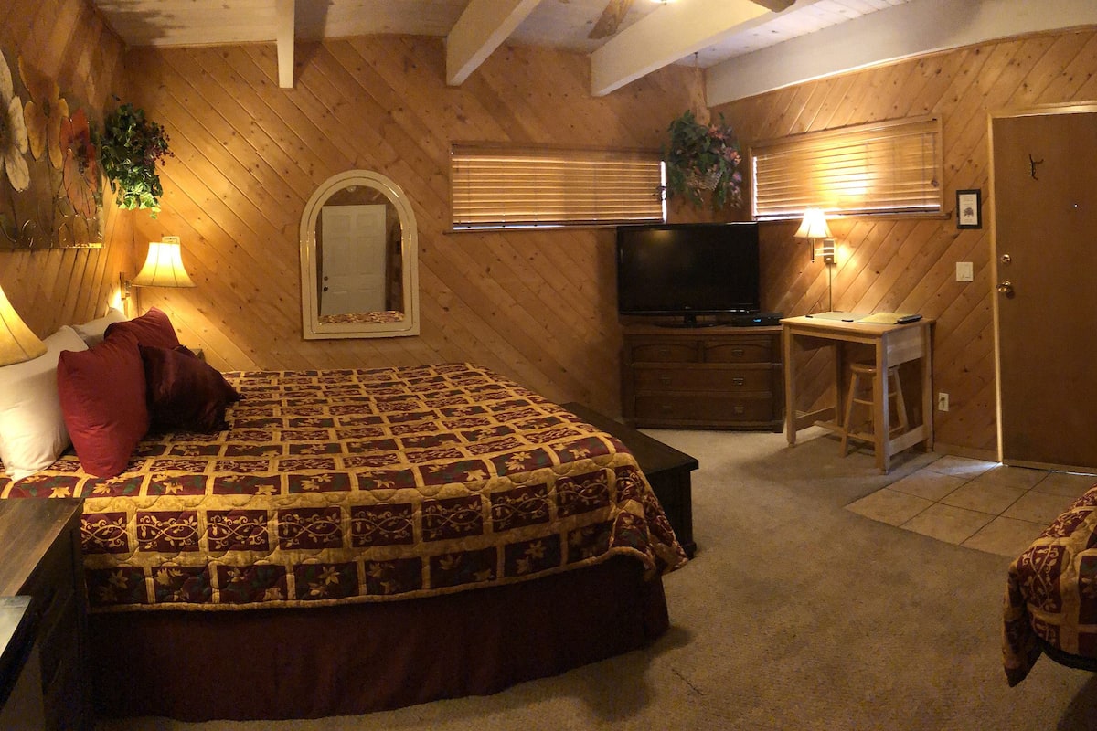 A bedroom with a large bed, a television, a desk, and a bunk bed.
