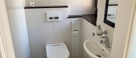 A small bathroom with a toilet, a sink, and a mirror.