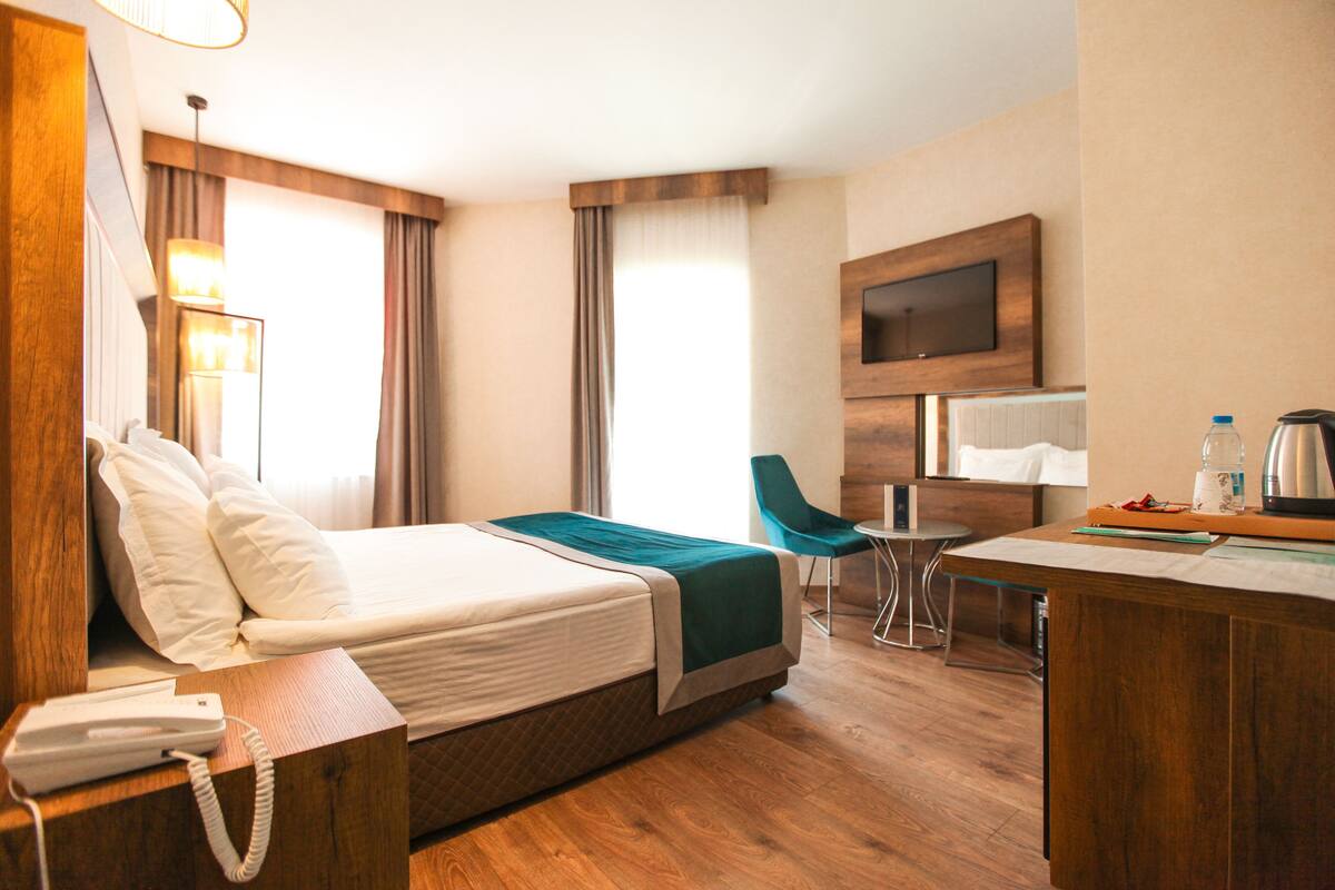 Habitación de hotel con una cama, un escritorio, una silla, un televisor y un teléfono.
