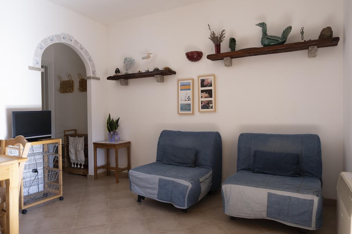 Ein Wohnzimmer mit zwei blauen Sofas, einem Holztisch, einem Fernseher und Dekorationen auf Regalen.