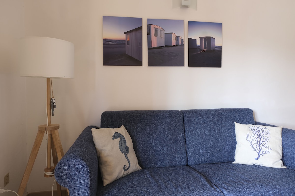 Ein blaues Sofa mit zwei dekorativen Kissen, einer Lampe und drei gerahmten Bildern an der Wand.