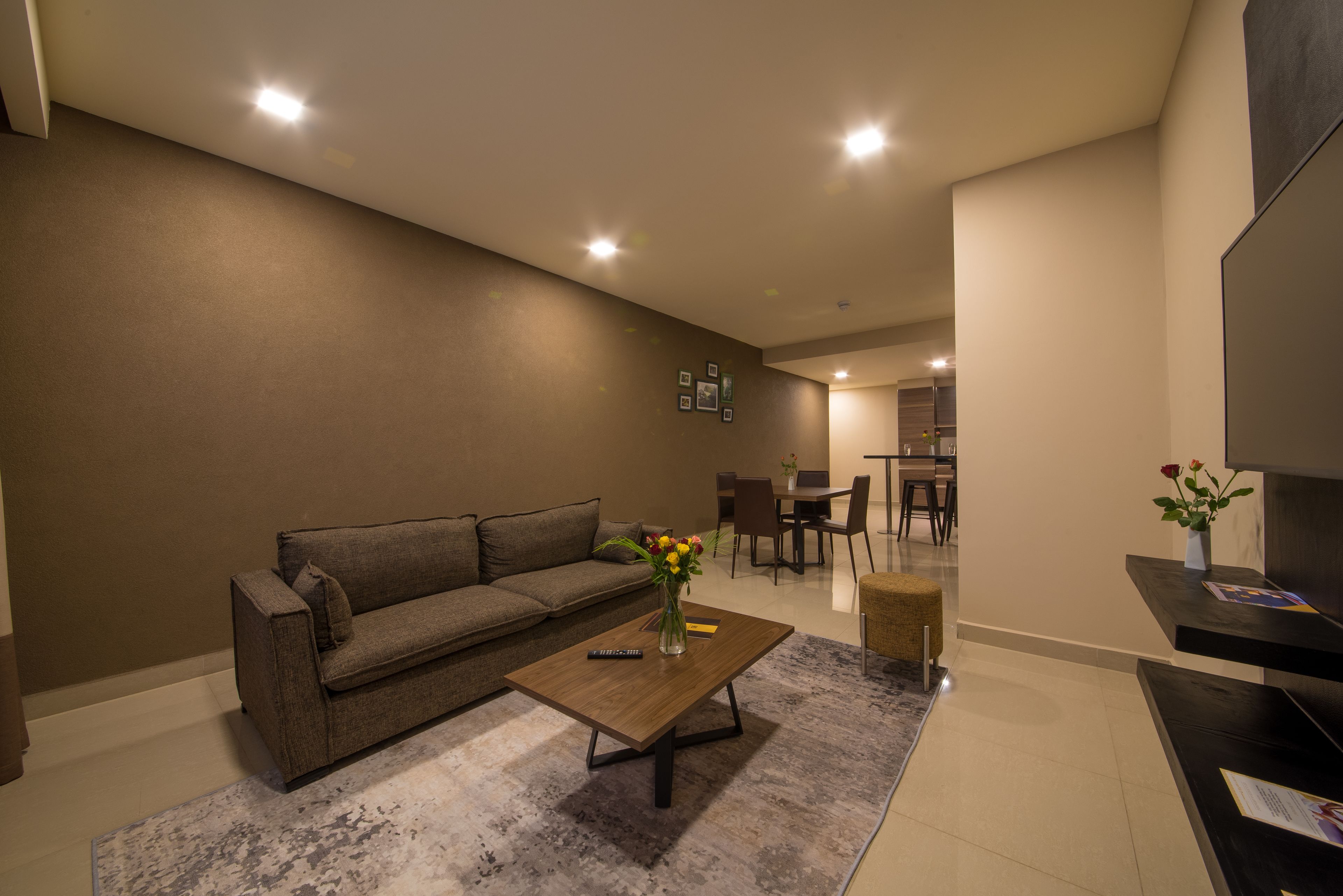 Una sala de estar moderna con un sofá, una mesa de centro y un televisor.