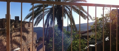 A stone building with a narrow passageway, a large palm tree, and a view of distant hills.