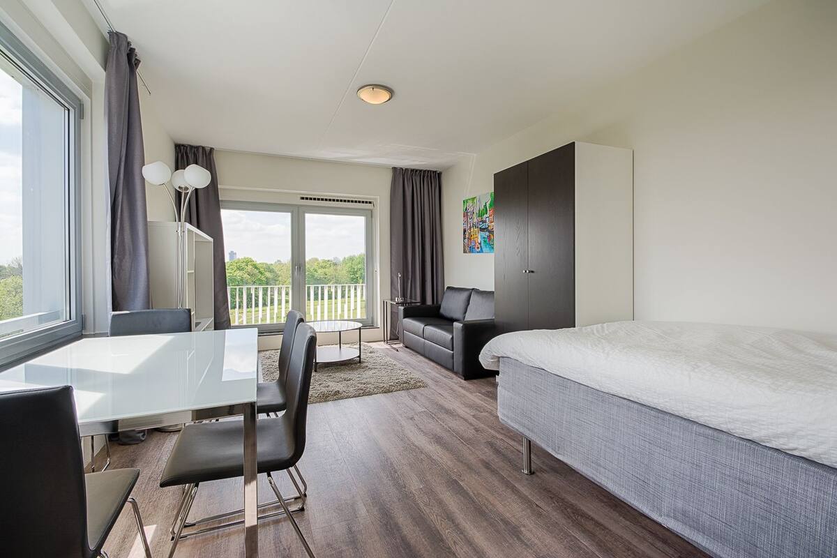 A modern hotel room with a bed, a desk with chairs, a sofa, and a balcony with a view of greenery.