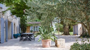 Un patio con una mesa, sillas, una planta en maceta y una estructura de piedra.