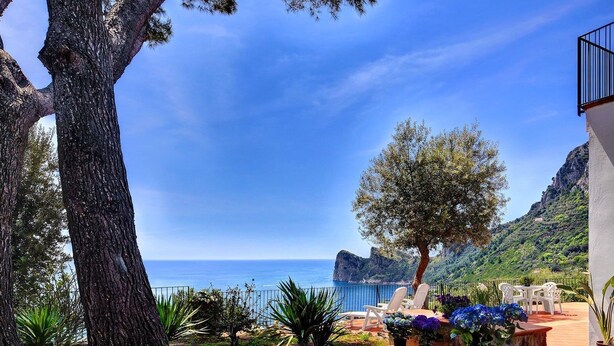 A terrace with a view of the sea, a tree, and outdoor furniture. - Miomar (Massa Lubrense)