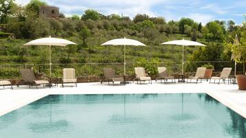 Seasonal outdoor pool, open 8:00 AM to 7:00 PM, pool umbrellas