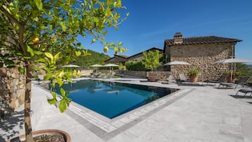 Piscina stagionale all'aperto, ombrelloni da piscina, lettini