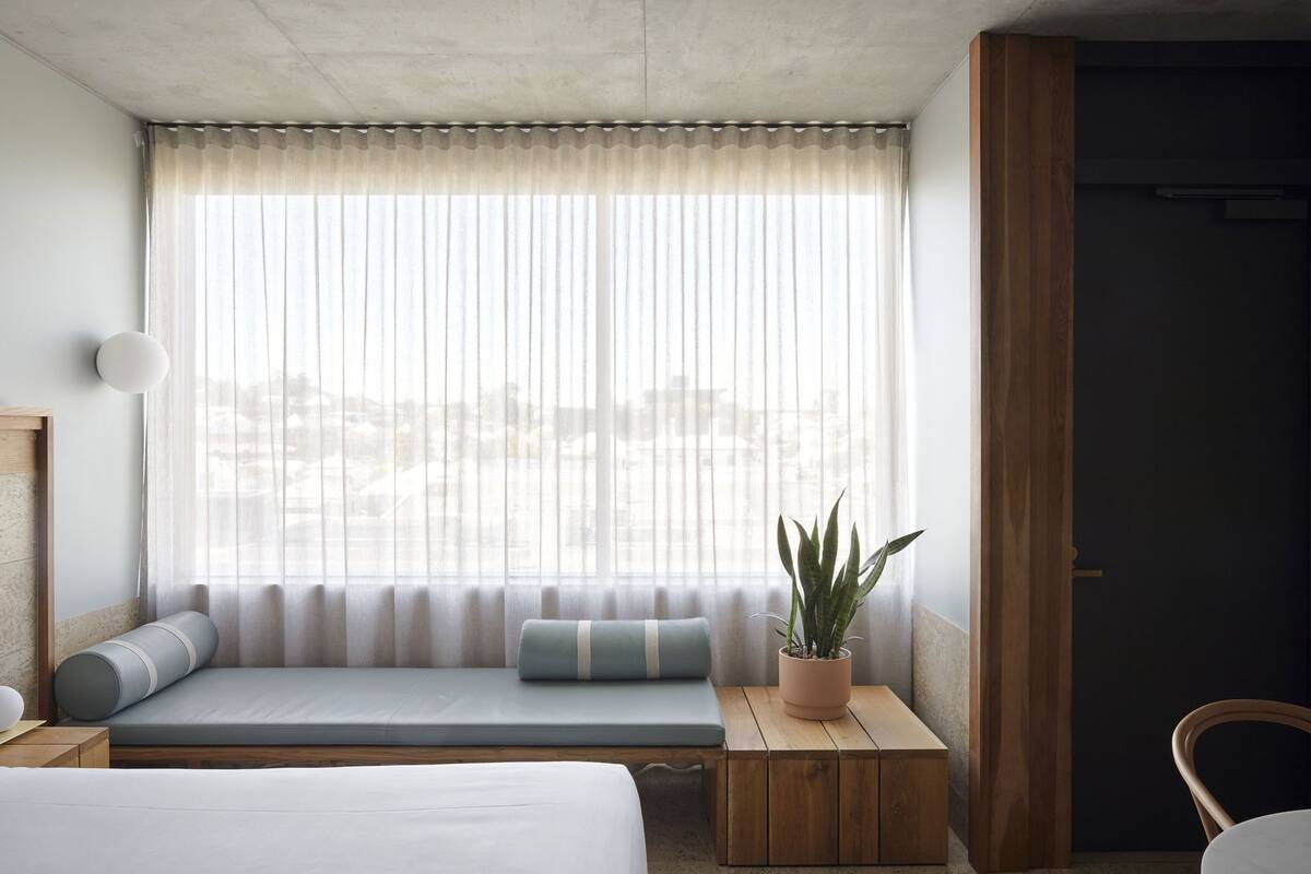 A hotel room with a bed, a seating area with cushions, a potted plant, and a view through sheer curtains.