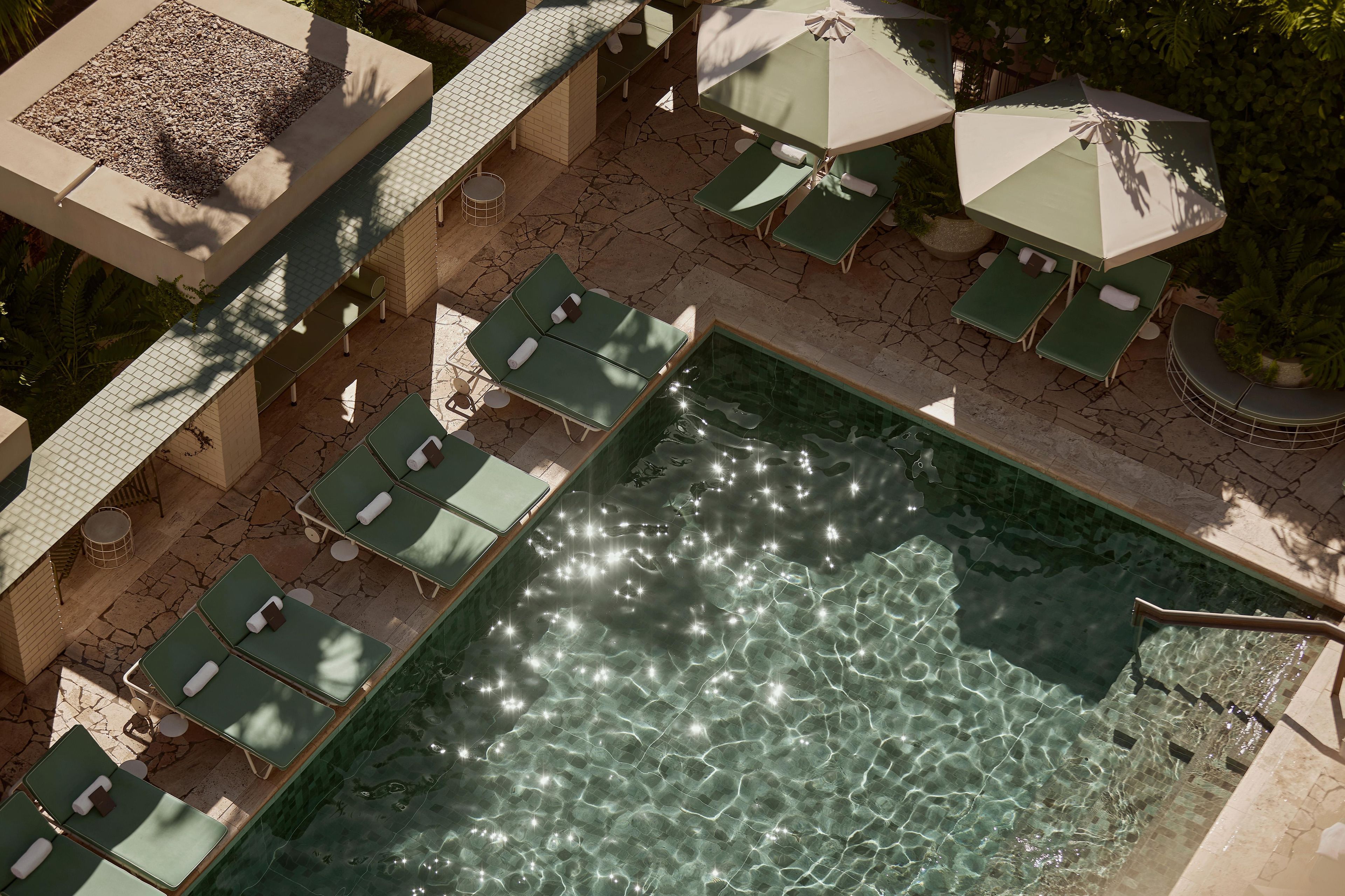 Un área de piscina con múltiples tumbonas y sombrillas, rodeada de suelo de piedra y vegetación.