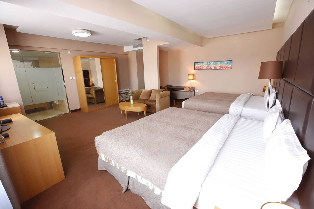 Habitación de hotel con dos camas, un escritorio, una silla y una mesita. Se ve una puerta que da a otra habitación y un cuadro en la pared.