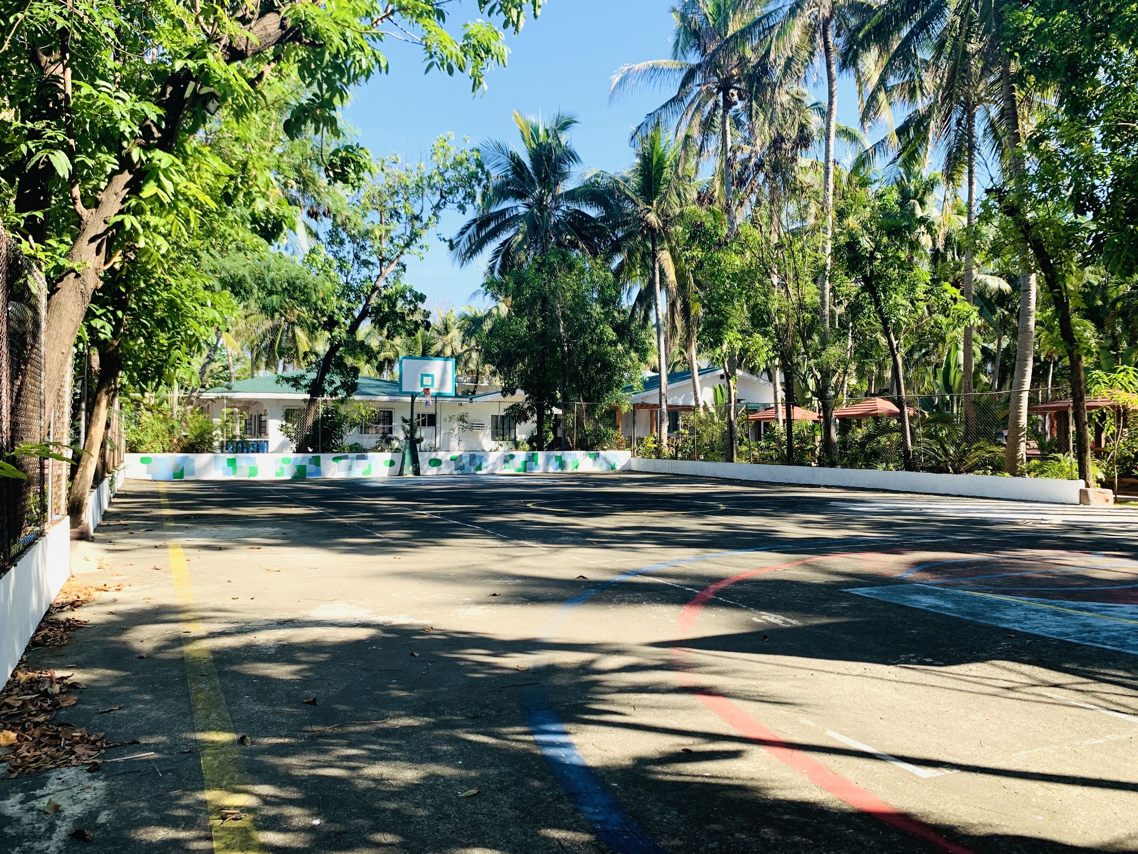 A paved road with a basketball court, surrounded by trees and buildings.