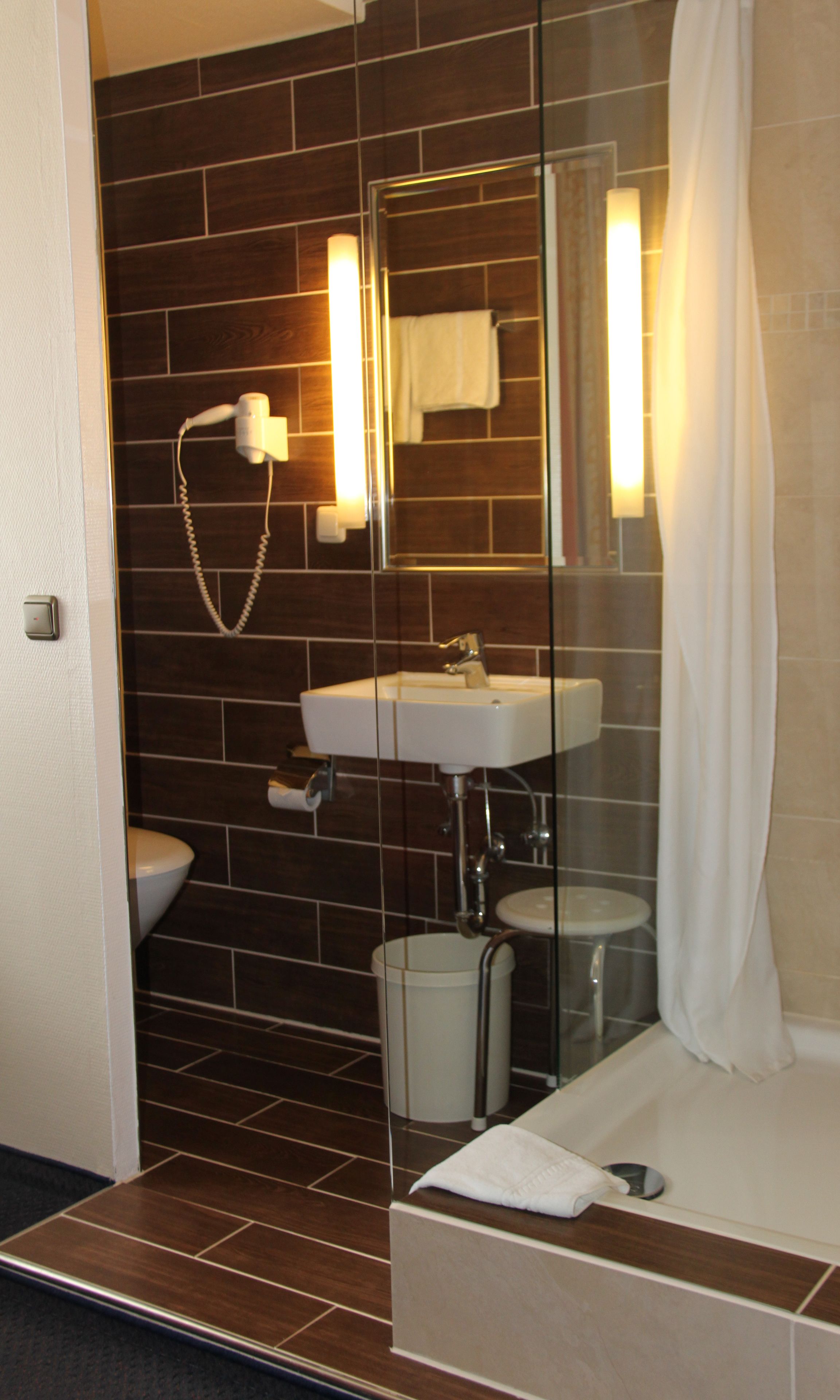 A modern bathroom with a glass shower enclosure, a white sink, and a toilet.