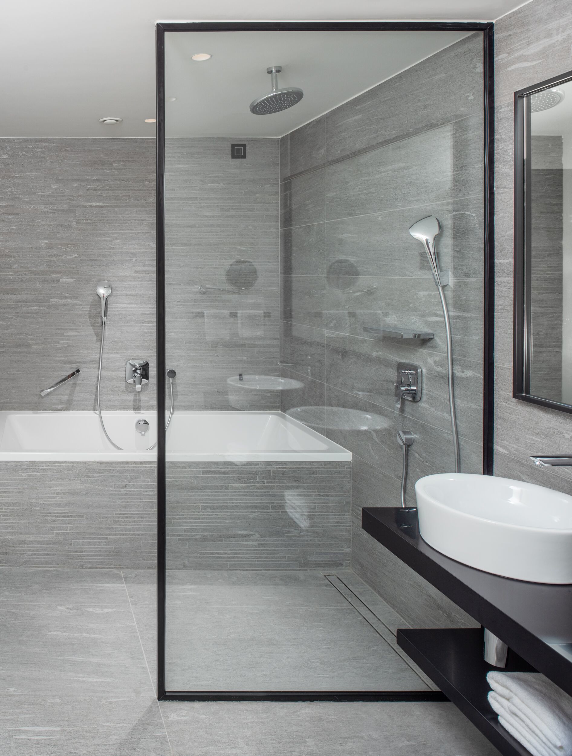 junior suite, terrace, sea view | bathroom | shower, designer toiletries, hair dryer, bathrobes