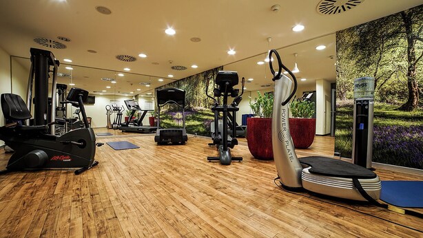 A gym with exercise equipment, wooden flooring, and a mural of a forest. - Lind Hotel (Rietberg)
