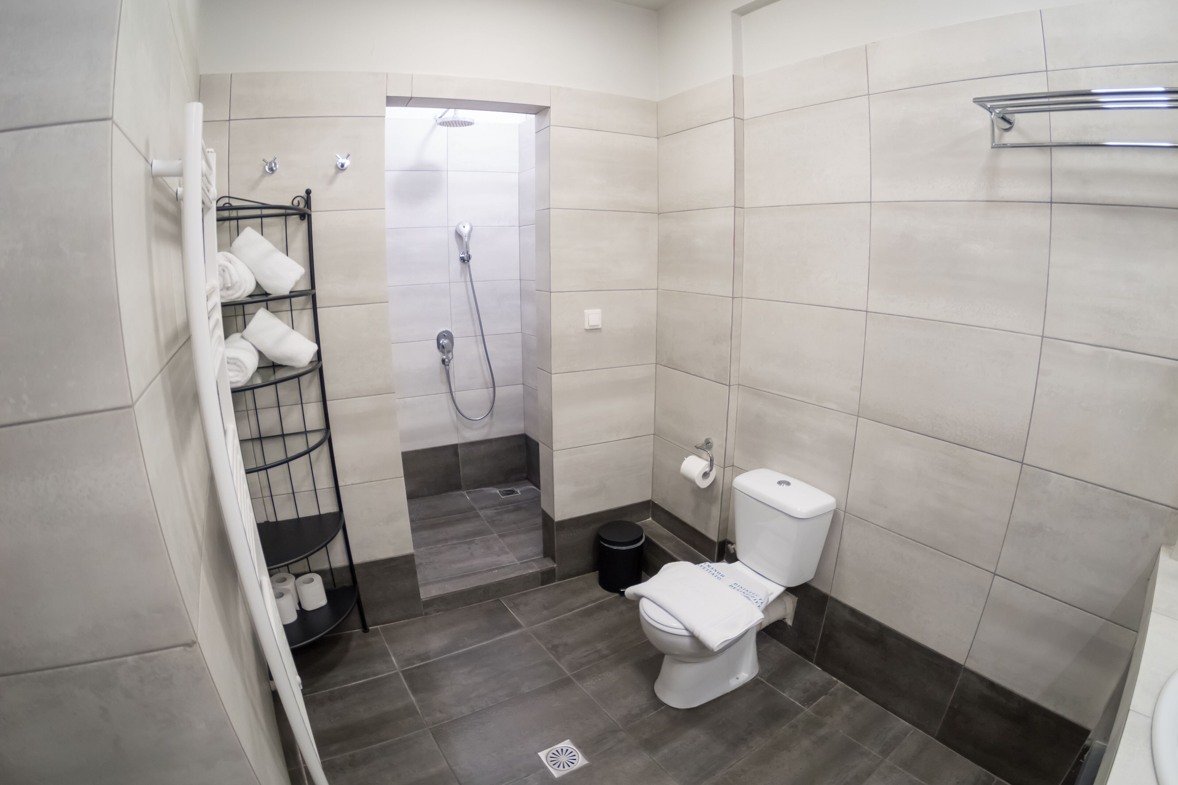 A bathroom with a shower, toilet, and a towel rack.