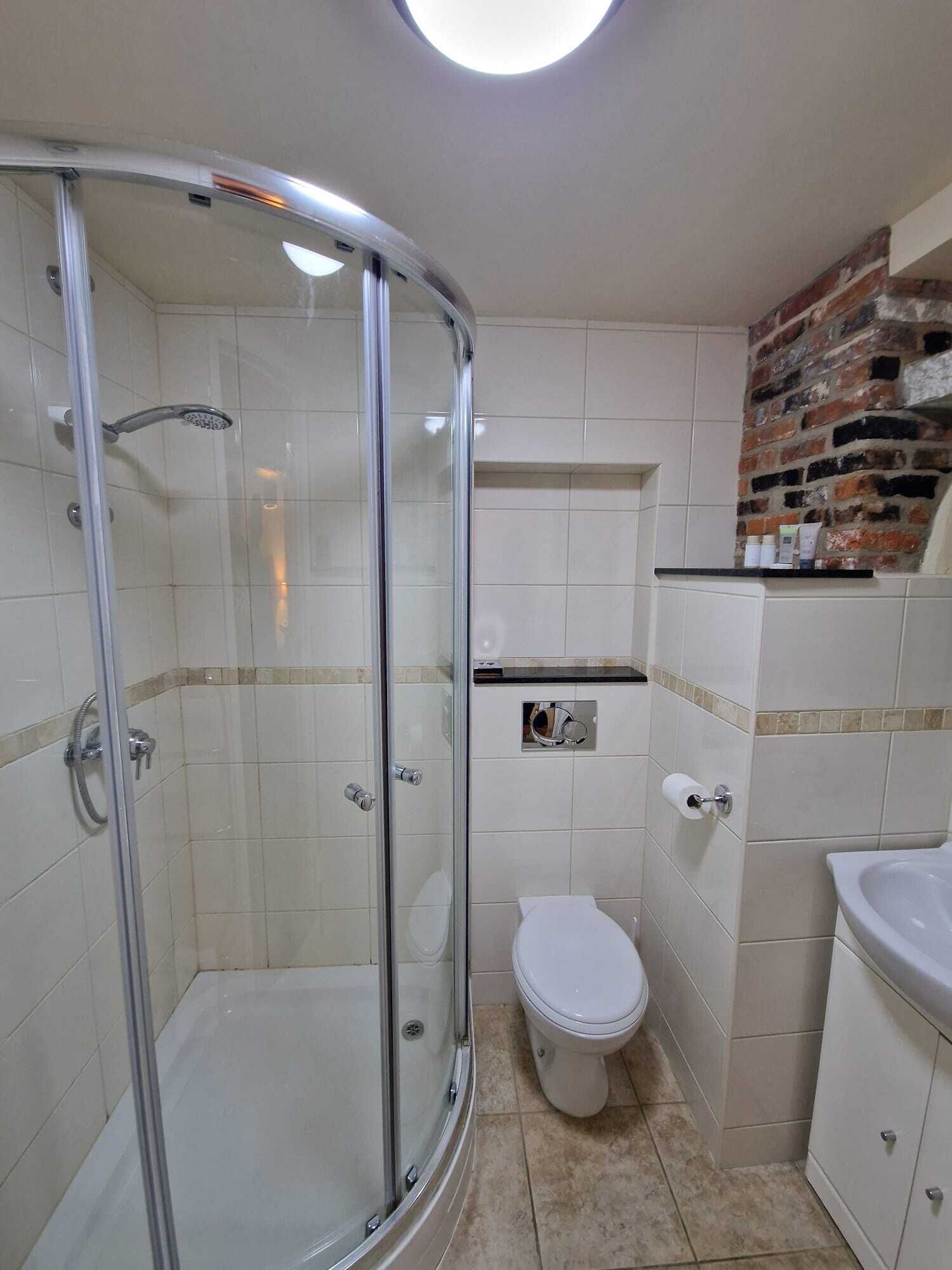 A bathroom with a glass-enclosed shower, a toilet, and a sink.