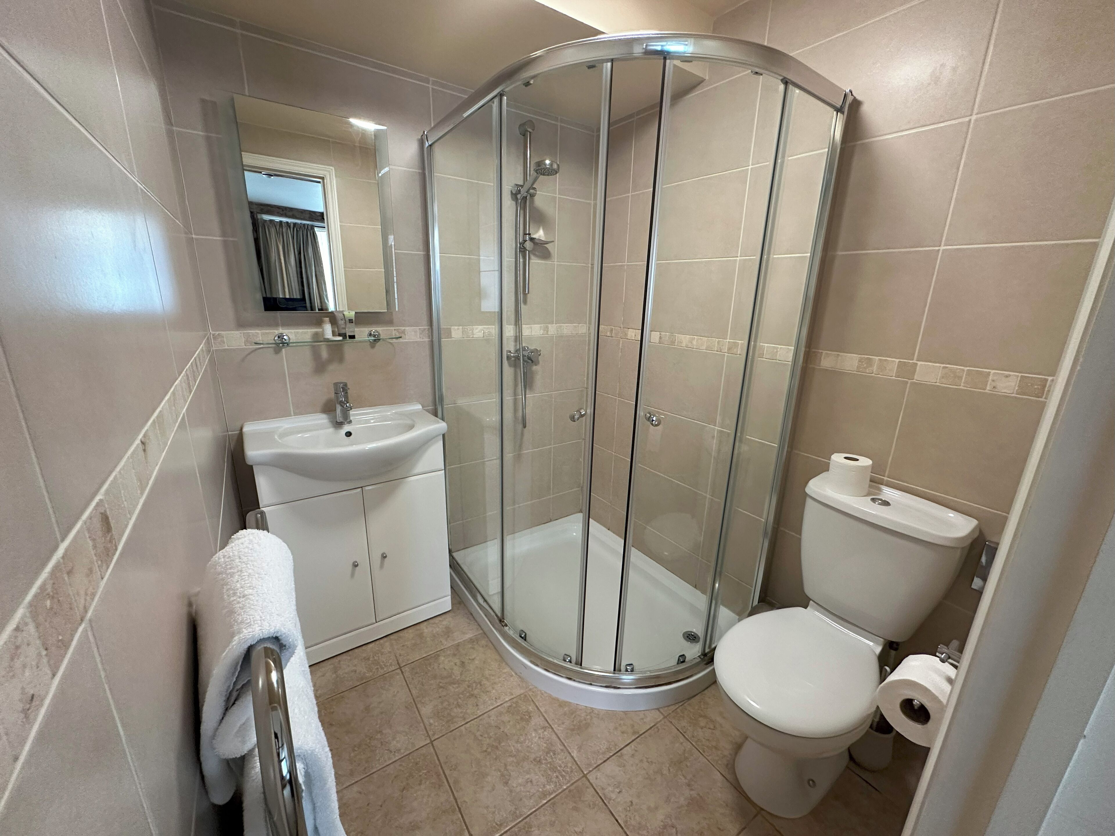 A bathroom with a glass-enclosed shower, a sink, and a toilet.